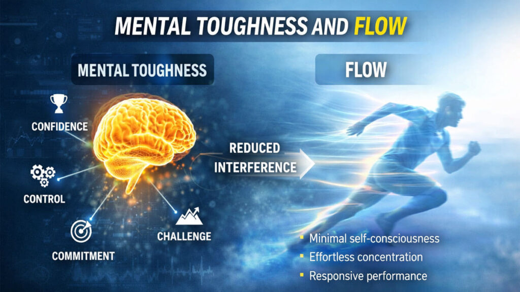 Diagram illustrating the connection between mental toughness and flow in sports performance through reduced mental interference