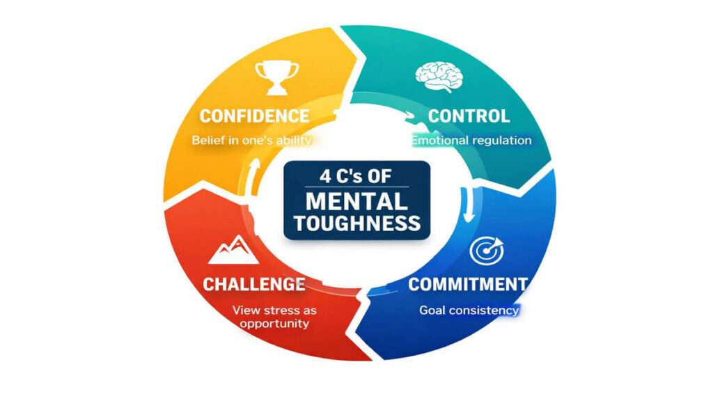 Diagram of the 4 C’s model of mental toughness showing confidence, control, commitment, and challenge in sports psychology